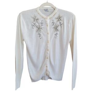 Vintage Ivory Cardigan Sweater Button Beads Sequins Soft Orlon 100% Dupont Orlon